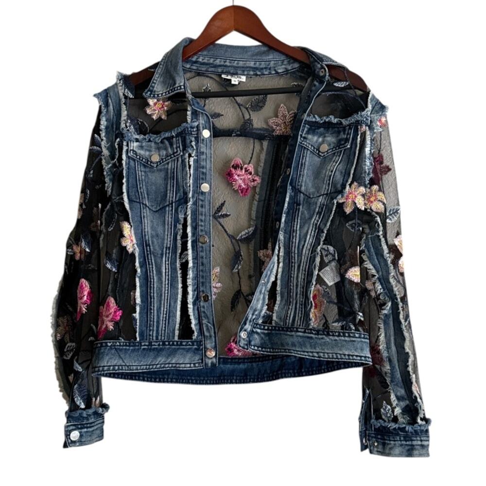 Paris Denim Jacket with Floral Embroidery on Black Mesh Sz S